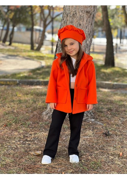 Kız Çocuk Şapkalı Kışlık Kaşe Kaban - Orange modelleri