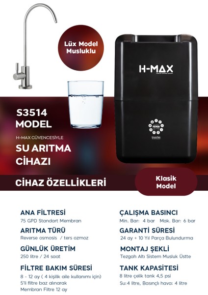 8 Litre 15 Aşama Mineralli 75 Gpd Su Arıtma Cihazı HMAXS3512