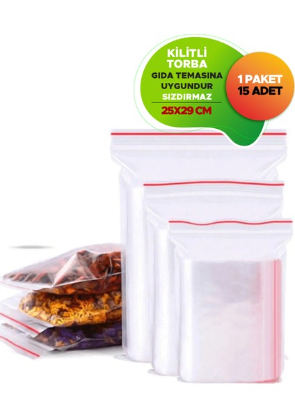 Kilitli Buzdolabı Poşeti Dayanıklı Gıda Temasına Uygun Sızdırmaz 25 x 29 cm 15 Adet