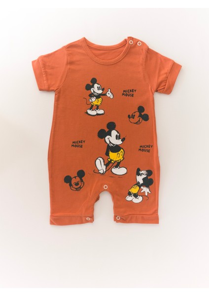 Bebek Micky Mouse Baskılı Çıtçıtllı Kiremit Kısa Tulum