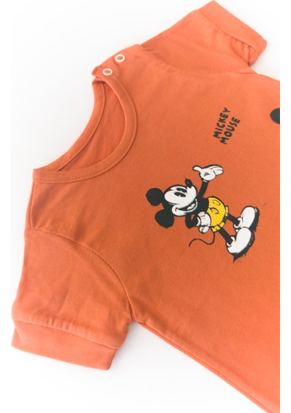Bebek Micky Mouse Baskılı Çıtçıtllı Kiremit Kısa Tulum
