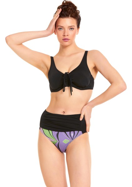 Yüksek Bel Gizli Balenli Toparlayıcı Bikini Takımı Siyah