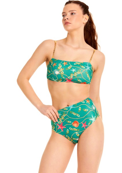 Zincir Detaylı Yüksek Bel Straplez Bikini Takımı Yeşil