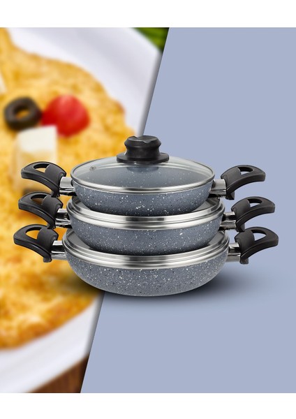 18 20 22 cm 6 Parça Gri Kapaklı Omlet/sahan Tava Seti