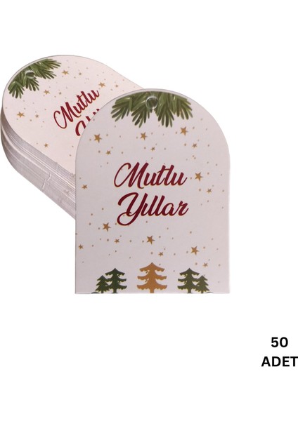 Yılbaşı Mutlu Yıllar Yazılı Hediye Etiketi, Delikli Yeniyıl Paketleme Kartı, 50 Adet, 5,5 x 7 cm