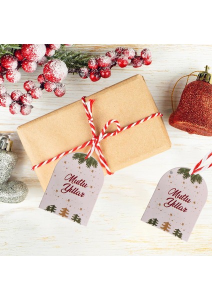 Yılbaşı Mutlu Yıllar Yazılı Hediye Etiketi, Delikli Yeniyıl Paketleme Kartı, 50 Adet, 5,5 x 7 cm modelleri