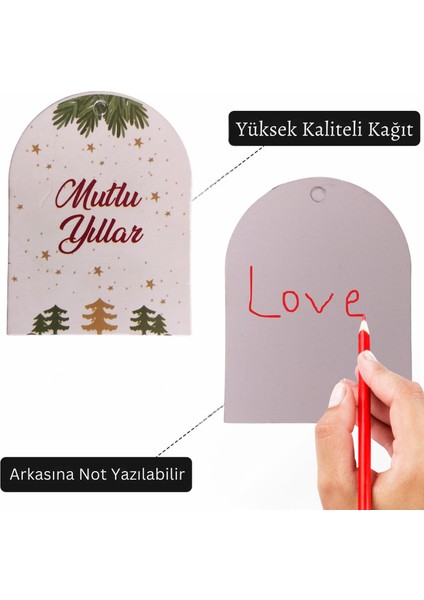 Yılbaşı Mutlu Yıllar Yazılı Hediye Etiketi, Delikli Yeniyıl Paketleme Kartı, 50 Adet, 5,5 x 7 cm fırsatları