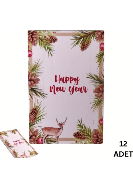 Yılbaşı Happy New Year Tebrik Kartı, Yeniyıl Temalı Hediye, Not Kartları, 12 Adet, 5,5 x 8 cm