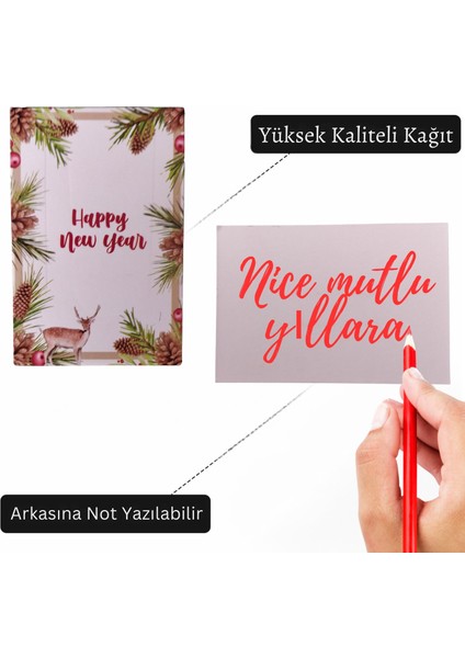 Yılbaşı Happy New Year Tebrik Kartı, Yeniyıl Temalı Hediye, Not Kartları, 12 Adet, 5,5 x 8 cm indirimleri