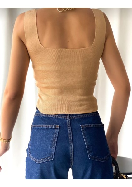 Kare Yaka Kalın Askılı Triko Bluz Crop