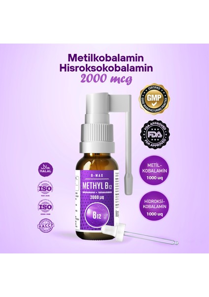 Inmax B12 Complex 2000 Mcg Metilkobalamin (1000 Mcg) Hidroksokobalamin (1000 Mcg) Damla ve Sprey Formunda