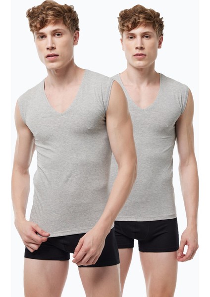 Erkek Gri 2 Li Paket V Yaka Iz Yapmayan Modal Kolsuz Atlet 064 2M064