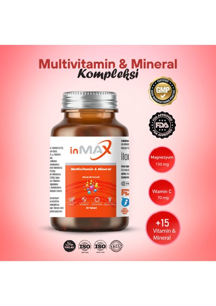 Multivitamin Mineral Takviyesi (IMMUNACE DESTEĞİ) Kompleks Formül Kadın Veya Erkek Için 30 Tablet