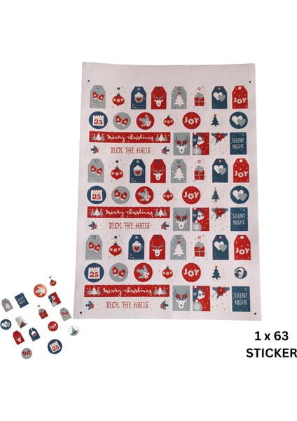 Yılbaşı Temalı Sticker Seti, 63 Adet Çıkartma, Yeniyıl Hediye Paketi Etiketleri, 21 Farklı Çeşit