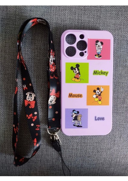 iPhone 12 Pro Max Uyumlu Kamera Korumalı Mickey Mouse Tasarım Telefon Boyun Askılı Set Kılıf