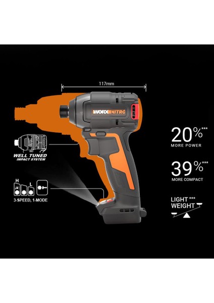 WX265.9 - 20 Volt - 200NM Kömürsüz Şarjlı Darbeli Tornavida - Akü Dahil Değil