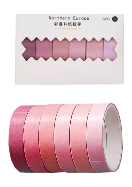 Vintage Washi Tape Bant Yapışkanlı Maskeleme Kağıdı Renkli Bant 6 Lı - Pembe Tonları