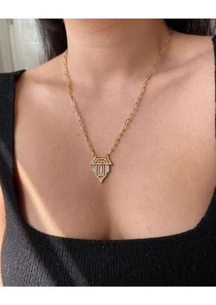 316L Çelik Gold Renk Zirkon Taşlı Serenay Kolyesi fiyatları