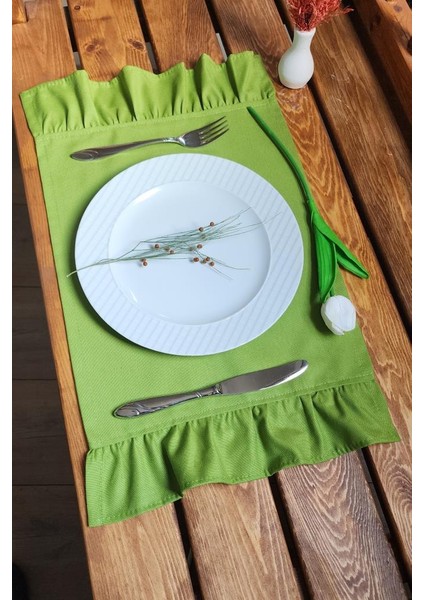 Bahar Keten 2 Kenar Fırfırlı Yeşil Vintage Amerikan Servis 30X50