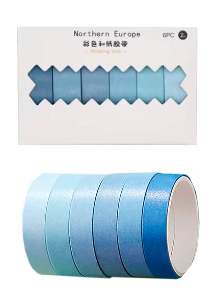 Vintage Washi Tape Bant Yapışkanlı Maskeleme Kağıdı Renkli Bant 6 Lı - Mavi Tonları