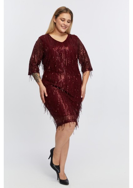 V Yaka Pul Payet Saçaklı Büyük Beden Abiye Elbise Bordo fiyatları