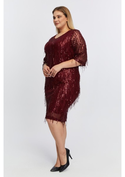 V Yaka Pul Payet Saçaklı Büyük Beden Abiye Elbise Bordo modelleri