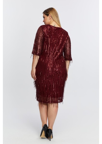 V Yaka Pul Payet Saçaklı Büyük Beden Abiye Elbise Bordo fırsatları
