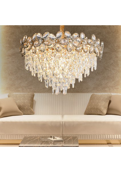 Saral 80'lik Yuvarlak Gold Kristal Taşlı Modern Tasarım Salon Avize