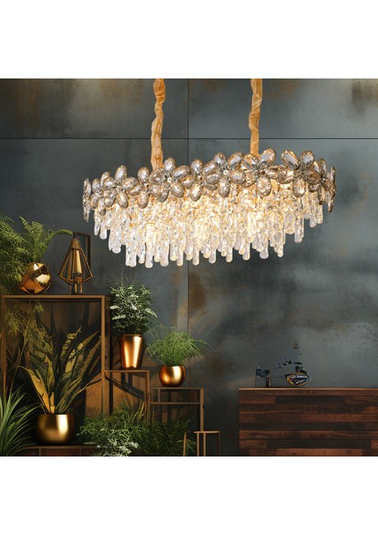 Saral Sıralı Gold Yemek Masası Üstü, Kristal Taşlı Modern Tasarım Salon Avize