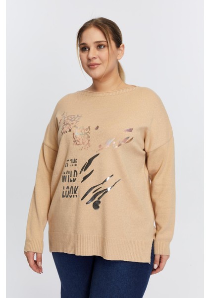 Büyük Beden Kayık Yaka Leopar Desen Baskılı Triko Vizon