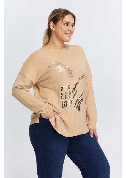 Büyük Beden Kayık Yaka Leopar Desen Baskılı Triko Vizon modelleri