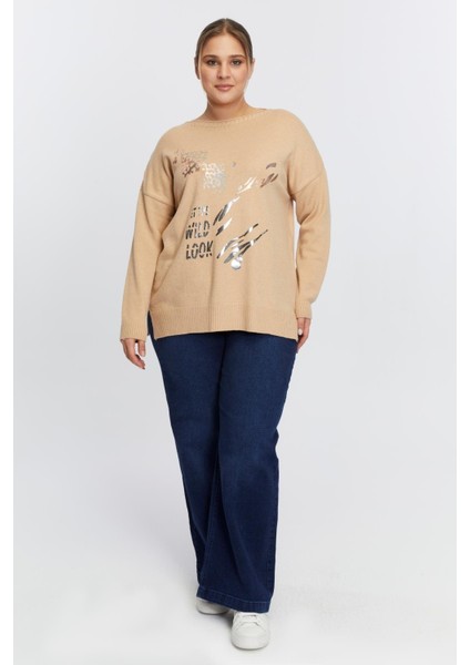 Büyük Beden Kayık Yaka Leopar Desen Baskılı Triko Vizon fırsatları