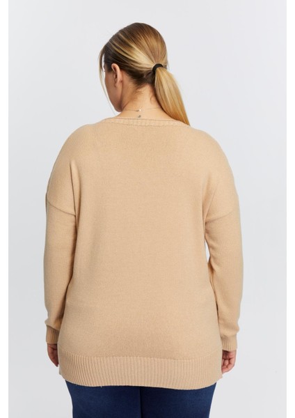 Büyük Beden Kayık Yaka Leopar Desen Baskılı Triko Vizon indirimleri