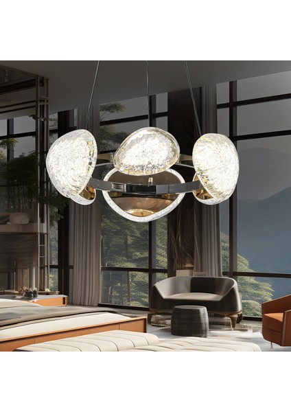 Firuze 6'lı 36 Watt Eskitme Kristal Taşlı Modern Tasarım Salon LED Avize