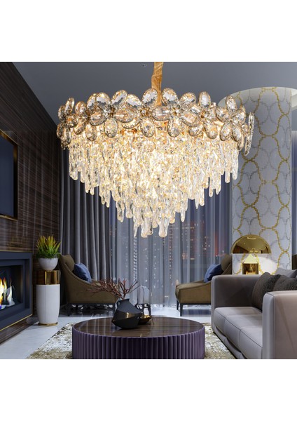 Saral 60'lık Yuvarlak Gold Kristal Taşlı Modern Tasarım Salon Avize