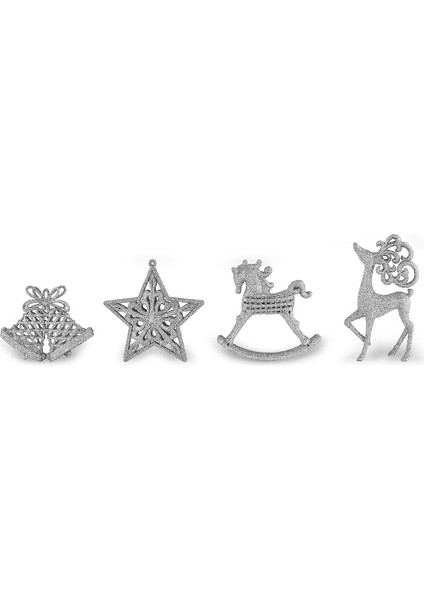 New Year Yılbaşı 4'lü Set Glitter Ağaç Süsü Silver 11/11,5/14,2 cm