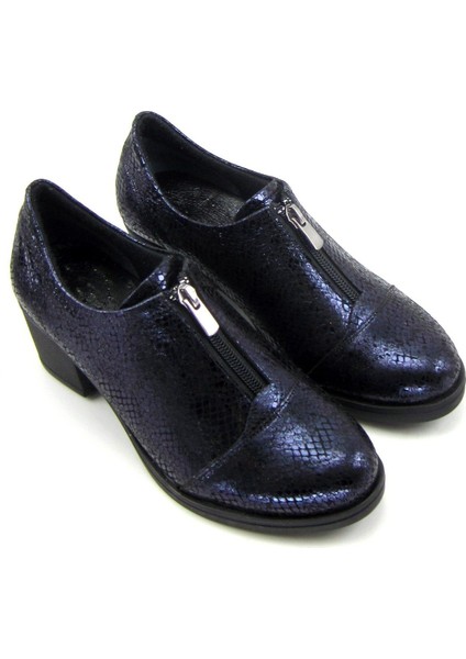 Brittany Lacivert Yılan Hakiki Deri Günlük Topuklu Ayakkabı