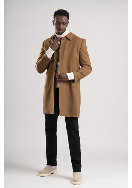 Yakalı Klasik Kesim Düğmeli Uzun Kaşe Erkek Kaban