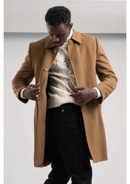 Yakalı Klasik Kesim Düğmeli Uzun Kaşe Erkek Kaban fiyatları