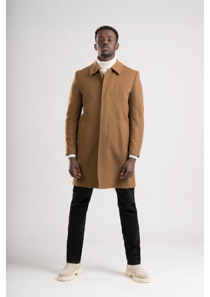 Yakalı Klasik Kesim Düğmeli Uzun Kaşe Erkek Kaban modelleri