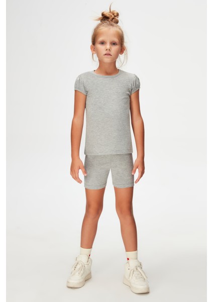 Gri Basic Kız Çocuk Sıfır Yaka Karpuz Kol Tişört