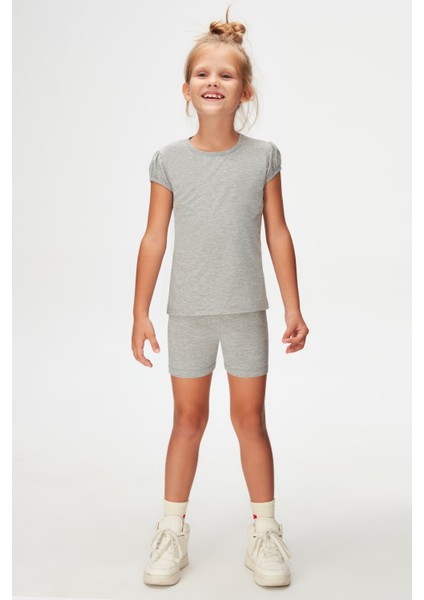 Gri Basic Kız Çocuk Sıfır Yaka Karpuz Kol Tişört fiyatları