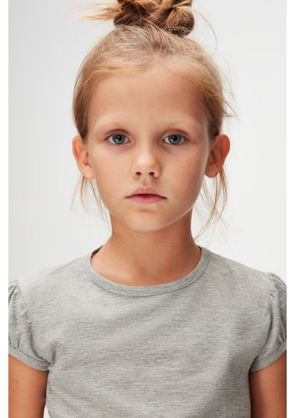 Gri Basic Kız Çocuk Sıfır Yaka Karpuz Kol Tişört fırsatları