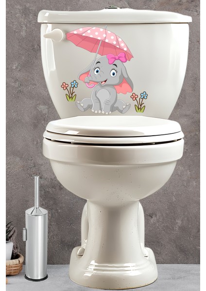 Echo Home Pembe Şemsiyeli Sevimli Minik Fil Klozet Sticker Banyo Sticker