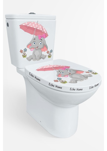 Echo Home Pembe Şemsiyeli Sevimli Minik Fil Klozet Sticker Banyo Sticker