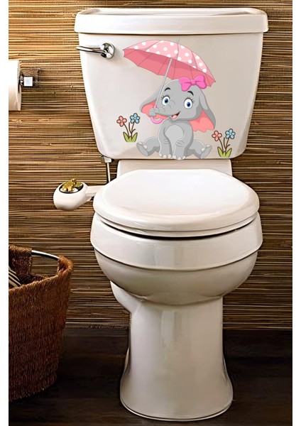 Echo Home Pembe Şemsiyeli Sevimli Minik Fil Klozet Sticker Banyo Sticker