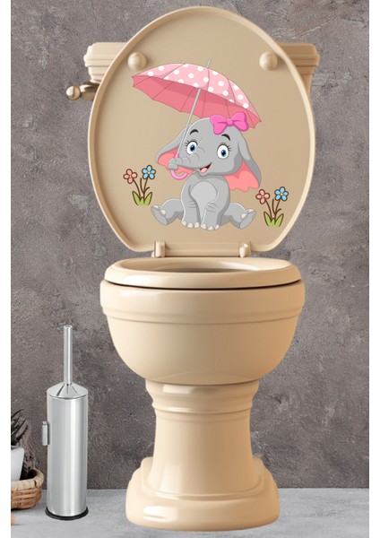 Echo Home Pembe Şemsiyeli Sevimli Minik Fil Klozet Sticker Banyo Sticker