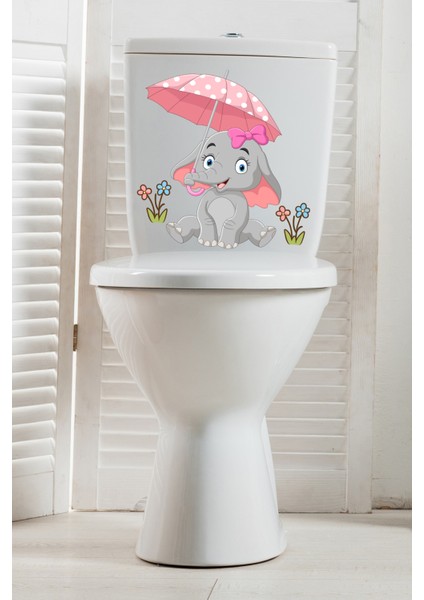 Echo Home Pembe Şemsiyeli Sevimli Minik Fil Klozet Sticker Banyo Sticker