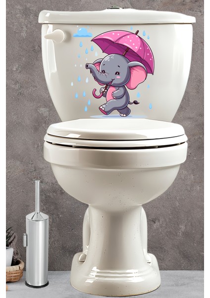 Yağmur ve Pembe Şemsiyeli Minik Sevimli Fil Klozet Sticker Banyo Sticker