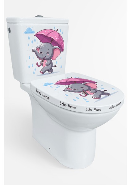 Yağmur ve Pembe Şemsiyeli Minik Sevimli Fil Klozet Sticker Banyo Sticker